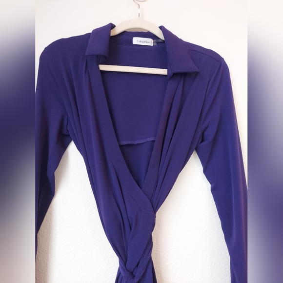 Classic Calvin Klein Purple Collared Long Sleeve Wrap Dress, Size 10 - Picture 8 of 10